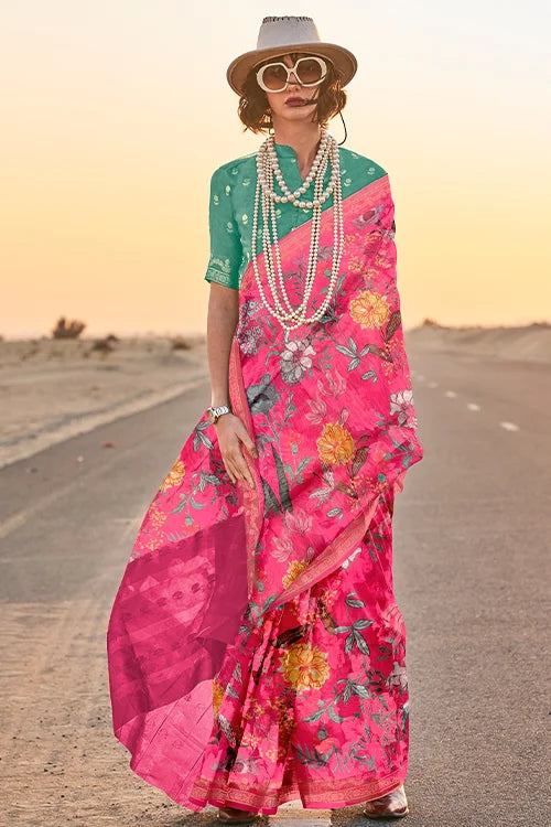 Pink-Saree-With-Blouse Piece