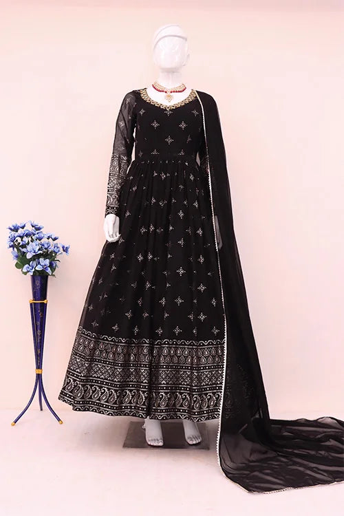 Adorable Black Color Metalic Foil Work Ready To Wear Gown