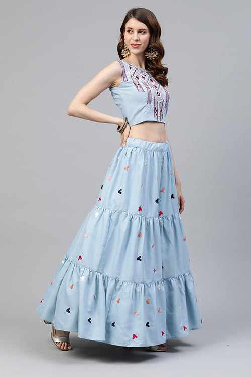 Blue Cotton Multi Embroidered Work Lehenga Choli