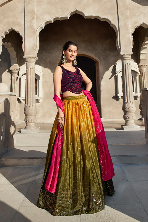 Olive Multi Color Georgette Embellished Mirror Work Lehenga Choli Collection 2304