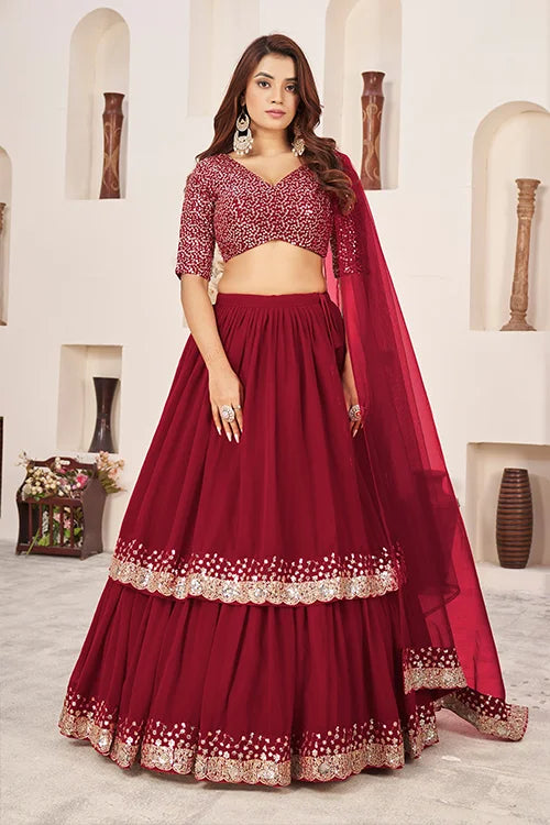 Red Georgette Zari Embroidered Lehenga Choli