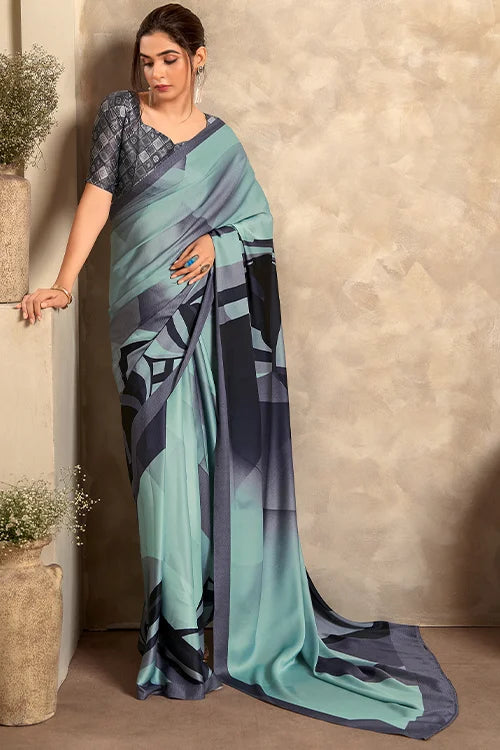 Printed Satin Silk Sari With Blouse