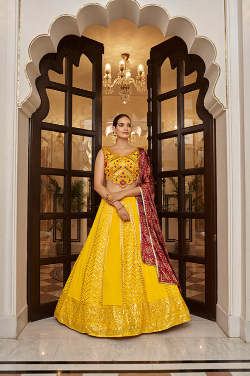 Yellow Georgette Sequins Embroidery Work Lehenga Choli