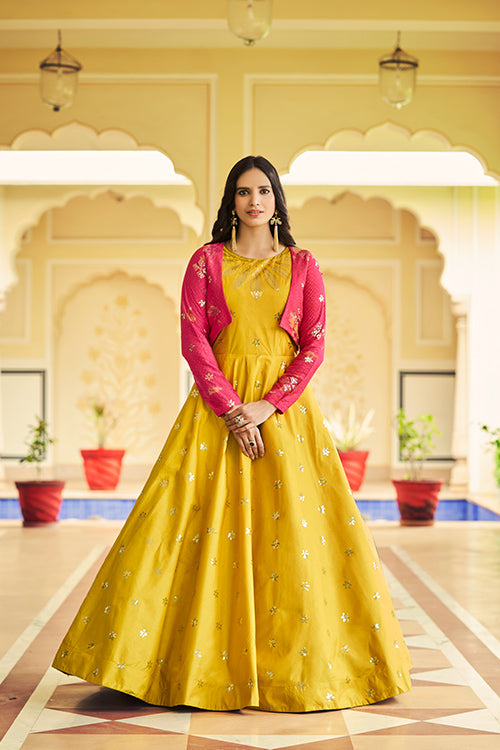 Yellow Cotton Sequince Embroidered Anarkali Gown