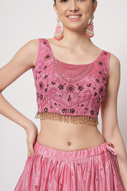 Pink Chinon Silk Embellished Mukaish Work Lehenga Choli