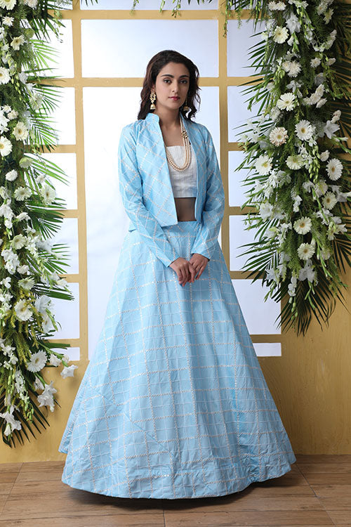 Sky Blue Koti Style Lehenga Choli