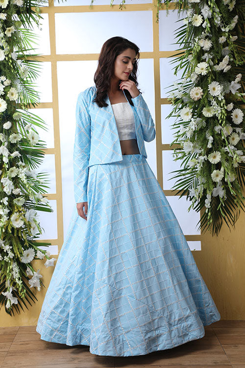 Sky Blue Koti Style Lehenga Choli